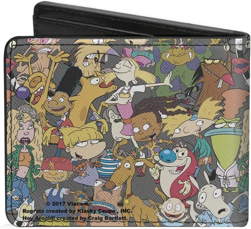 Vista 2 de Nickelodeon Buckle-Down Pu Bifold - Billetera de personajes de Nick 90's Rewind Mutli, collage gris bi plegable, rebobinado de muestra de níquel
