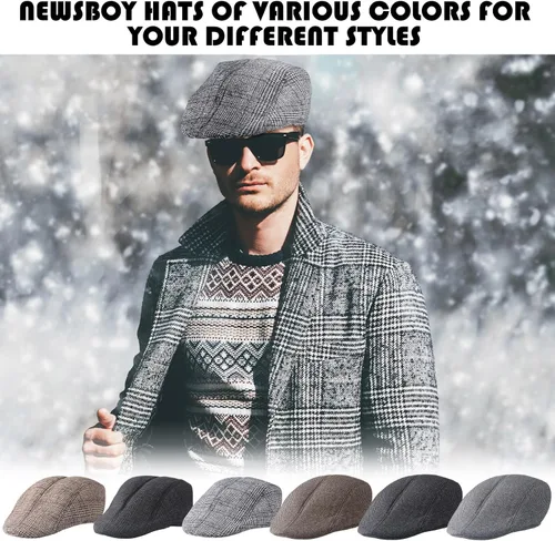 Vista 4 de Newcotte 6 sombreros de periódico para hombre, gorra plana de tweed de espiga clásica, gorra de periódico, sombreros irlandeses para hombres, gorra