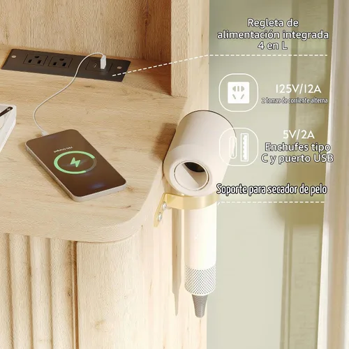 Vista 7 de Tocador de madera de 48 pulgadas con tapa de vidrio transparente, espejo Madera natural