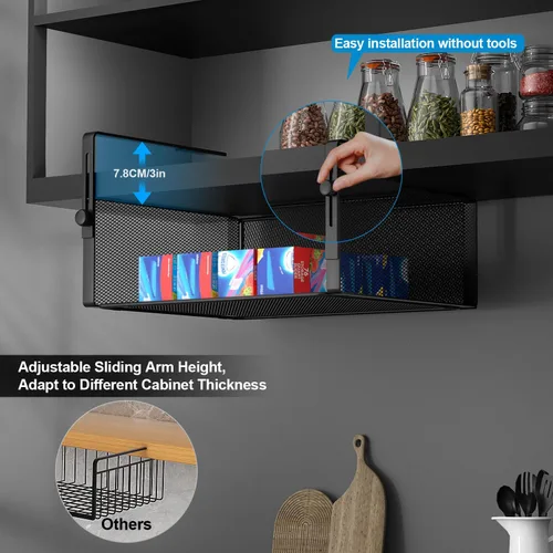 Vista 2 de AmonHouseware Paquete de 2 Organizadores de Canasta Bajo Estante, Soporte Colgante Ajustable para Gabinete Despensa Cocina Alacena Escritorio