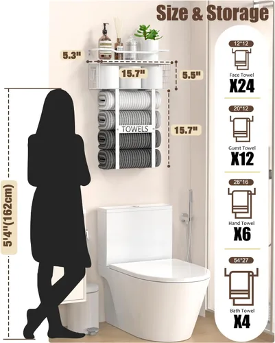 Vista 6 de Toalleros para baño montados en la pared - Juego de portotoallas de pared para baño sobre almacenamiento del inodoro, organizador de estante