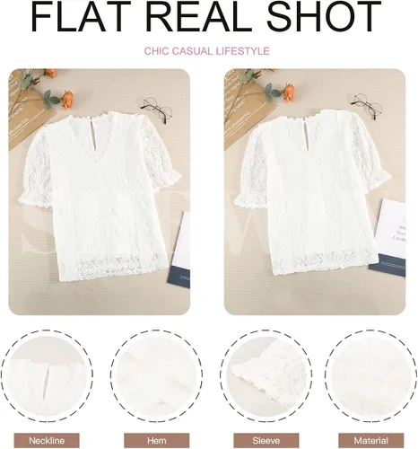 Vista 4 de SHEWIN Blusas estilo bohemio con encaje y cuello en V para mujer