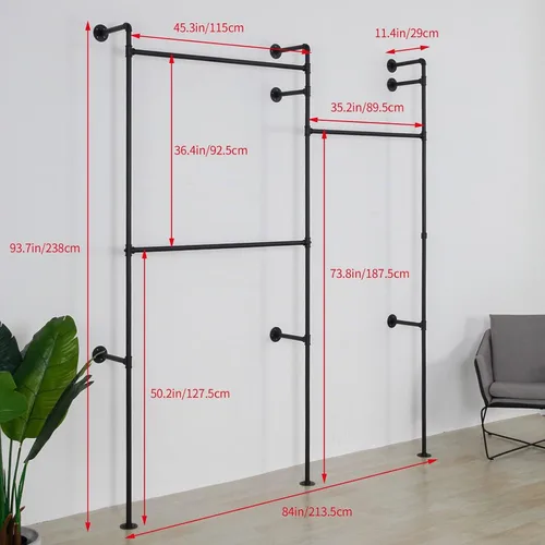 Vista 5 de Perchero industrial montado en la pared para ropa de tubería vintage con ruedas en la pared, marco de ropa de metal dorado rústico resistente
