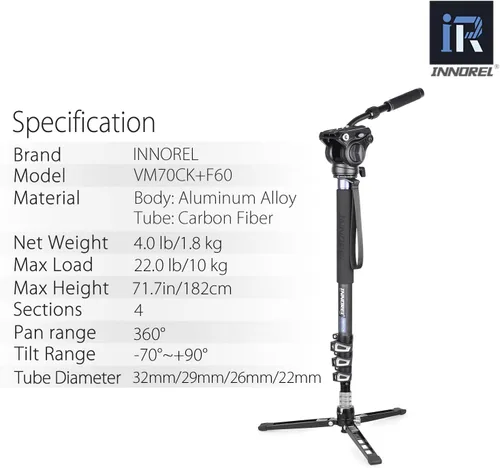 Vista 3 de VM70CK Kit de monopie de fibra de carbono - VM70CK Profesional Cabeza de fluido hidráulico Monopod extraíble Soporte de trípode de viaje
