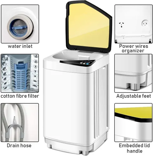 Vista 4 de Mini lavadoras portátiles completamente automáticas, capacidad de carga de 7.7 libras, con luz giratoria y barril integrada para dormitorios