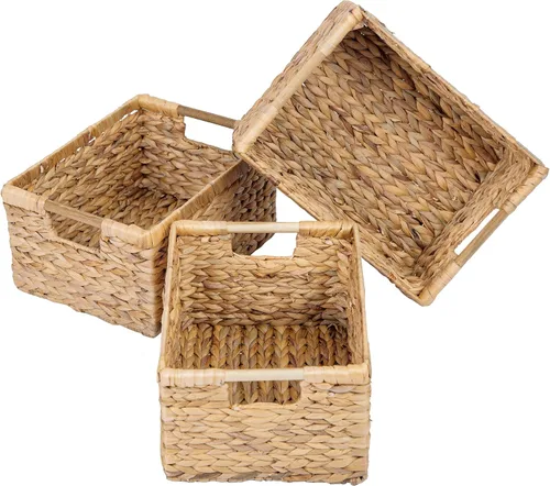 Vista 13 de Cesta de hierba marina natural con mango de madera, cesta de mimbre rectangular mediana para sala de estar, 12.2 x 8.9 x 6.7 pulgadas, paquete de 3