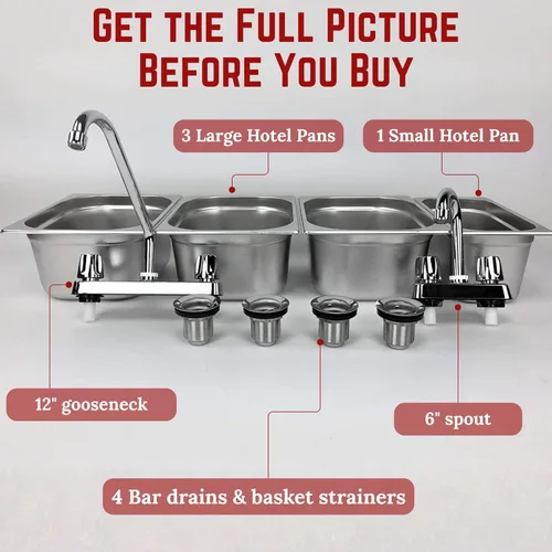 Vista 5 de 3 grandes + 1 pequeño lavado a mano, fregadero de acero inoxidable con 4 compartimentos Portable 3 Large + 1 Small sink with Dual faucet, bar