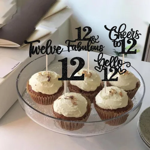 Vista 5 de 30 piezas de adornos para cupcakes de 12 cumpleaños feliz, brillantes doce, hola 12, felicitaciones a 12 años, adornos para cupcakes, 12