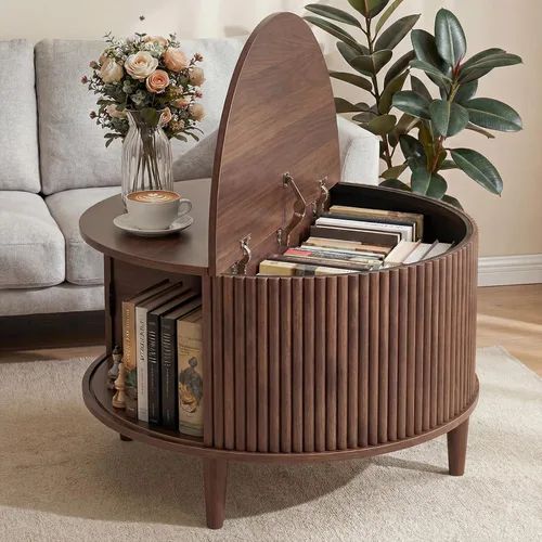 Vista 8 de DUMOS - Mesa auxiliar elevable, mesa central con almacenamiento, mesas cuadradas para sala de estar con estantes ajustables, modernas mesas de Madera