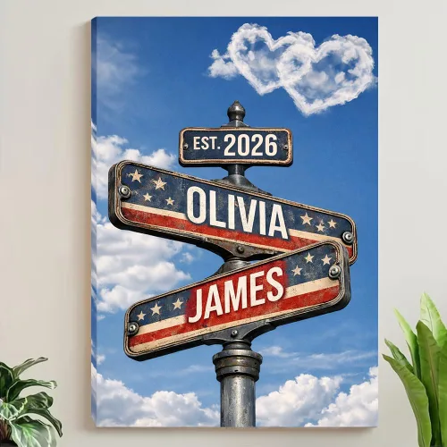 Vista 27 de Señal de calle vintage personalizada para parejas en lienzo, nombres y fecha personalizados, regalos de Navidad para ella o él, regalo del Día