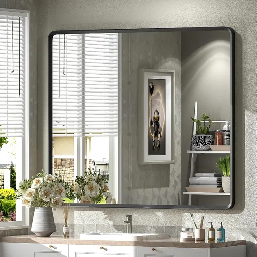 Vista 32 de Espejo rectangular con marco mate negro de 20x30 pulgadas para baño, espejo de tocador para pared de baño con esquinas redondeadas, antióxido y a
