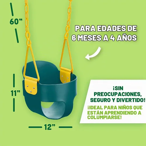 Vista 6 de Columpio de lujo con respaldo alto para niños pequeños con protección de pellizco, color verde Revestimiento patentado de cadena y conector