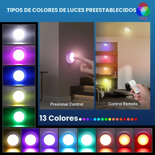 Vista 5 de Luces de disco con control remoto, 13 colores intercambiables, luces LED de disco con pilas, regulables, para debajo del gabinete, con 1 control
