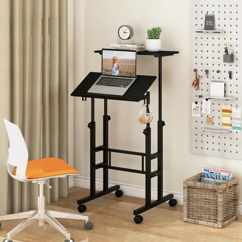 Vista 9 de Tangkula Escritorio de pie móvil, escritorio portátil con ruedas Height-adjustable Standing Table w/Tilting Tabletop, Laptop Workstation w/Hanging