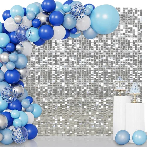 Vista 23 de 12 paneles cuadrados de lentejuelas brillantes para pared color azul claro (Baby Blue) telón de fondo decorativo para fiestas de bodas