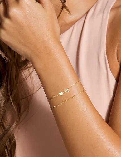 Vista 4 de DEARMAY Delicadas pulseras de oro con inicial de corazón para mujer, a la moda, de oro real de 14 quilates, pulsera con dije de letra, joyería linda
