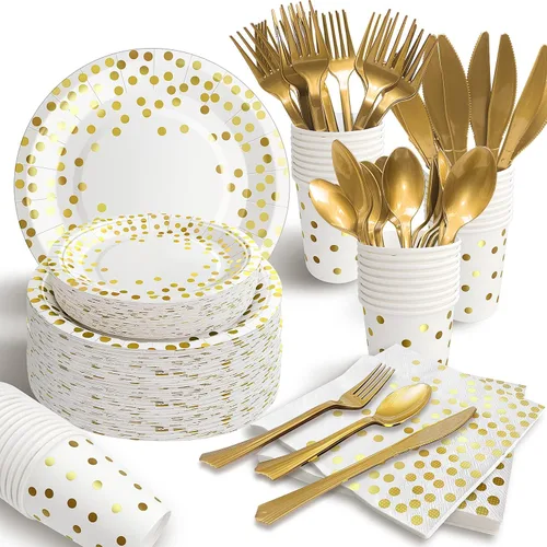 Vista 9 de AIRE 175 piezas Vajilla de papel negra y dorada para 25 invitados, suministros desechables para fiestas, vajilla con puntos dorados en platos