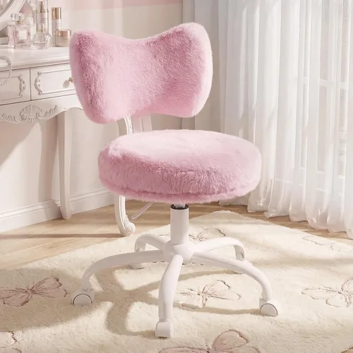 Vista 13 de Homkdom Silla de tocador con ruedas, bonita silla de escritorio con respaldo de lazo, silla de oficina pequeña de piel de conejo sintética esponjosa