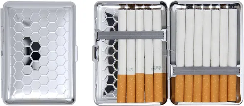 Vista 16 de Juego de 2 cajas de cigarrillos compactas chapadas en metal tamaño King con bandas elásticas (oro ovalado)
