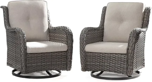 Vista 26 de Juego de 2 sillas de patio giratorias de 360 grados para exteriores y mesa auxiliar a juego – 3 sillas deslizantes de mimbre para patio con cojines