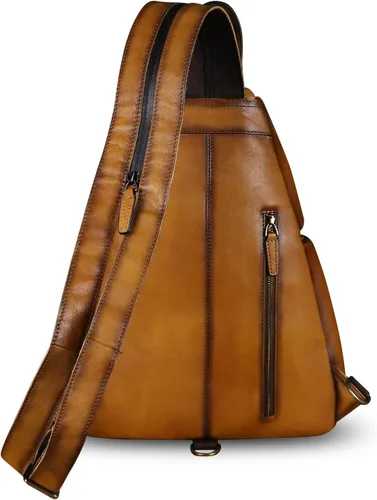 Vista 3 de Bolso bandolera de piel auténtica, casual, para senderismo, vintage, hecho a mano, para el hombro, mochila para motocicleta, Marrón, M, Mochilas