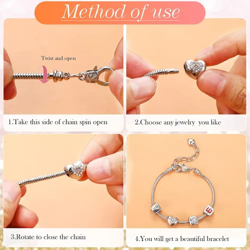 Vista 6 de Hicarer 27 pulseras con dije de serpiente, cadena ajustable con extensor de forma de corazón, cobre, bricolaje para mujer (6.3 pulgadas, plateado)
