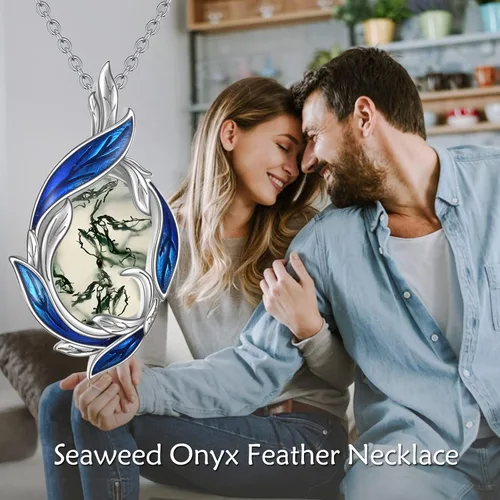 Vista 18 de LUHE Collar de plumas de piedra lunar, collar con colgante de plumas de plata de ley, joyería de regalo de Navidad para mujer