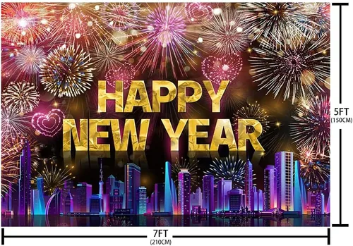 Vista 5 de AIBIIN Telón de fondo de 7 x 5 pies con texto en inglés «Happy New Year» 2026, noche de la ciudad, víspera de Año Nuevo, grandiosos fuegos Fuegos