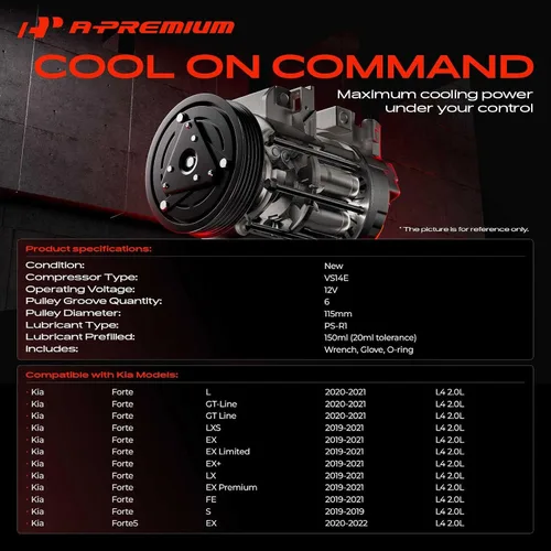 Vista 2 de A-Premium Compresor de A/C con embrague compatible con Kia Forte 2.0L 2019-2021, Forte5 2.0L 2020-2022, con compresor VS14E, VIN: D