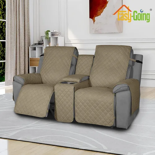 Vista 2 de Easy-Going Funda de sofá reclinable antideslizante con consola, resistente al agua, funda de sofá reclinable doble con correa ajustable, funda Beige