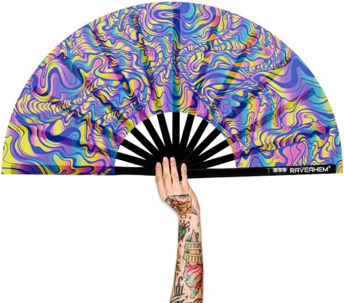 Vista 20 de Abanico para rave con brillo ultravioleta, abanico de mano plegable de bambú para hombres y mujeres (psicodélico espacial, mediano de 11 pulgadas)