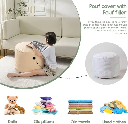 Vista 4 de HIGOGOGO Puf redondo de relleno otomano, pufs de piel sintética con relleno de trozos de espuma, puf peludo y esponjoso, otomano de almacenamiento