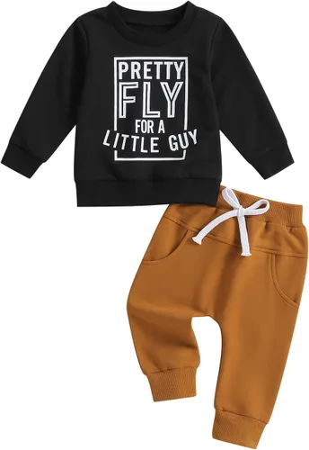 Vista 18 de Conjunto de 2 piezas de ropa para bebé y niño, sudadera con cuello redondo con letras y pantalones casuales de otoño e invierno B Negro-marrón