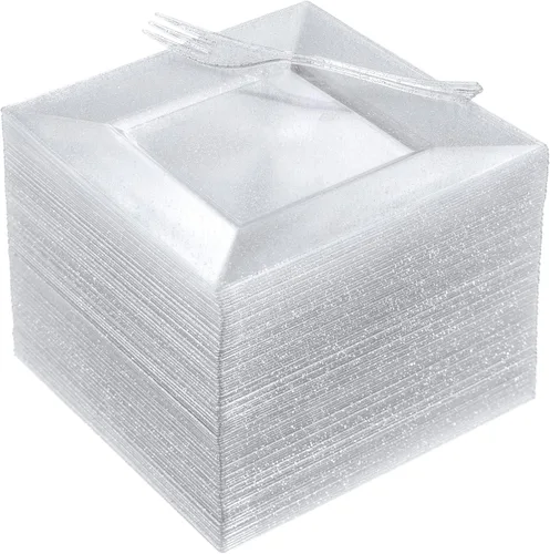 Vista 14 de DaYammi 100 platos de postre con purpurina azul, que incluyen 50 platos de aperitivo de 6 pulgadas y 50 tenedores de plástico de 5.7 pulgadas, plato