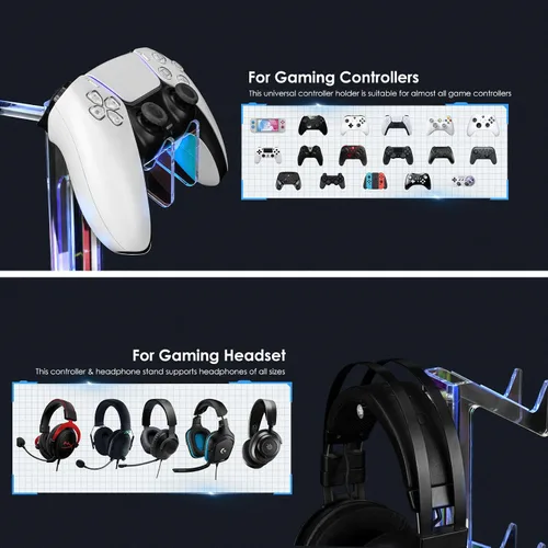 Vista 12 de OAPRIRE Headset and Controller Stand with Lights, 2 Tier Acrylic Game Controller Holder, Controller and Headset Stand for Desktop,Universal Design