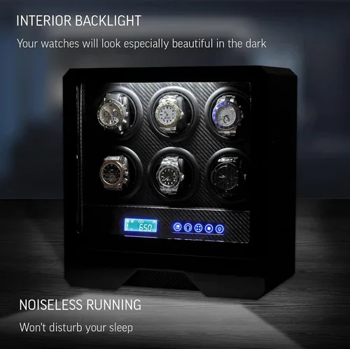 Vista 3 de Bobinador de reloj para 6 relojes automáticos con retroiluminación LED, control remoto y cajón de almacenamiento para relojes y joyas