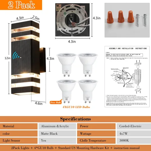 Vista 3 de Luces de pared para exteriores de anochecer a amanecer - Diseño impermeable de 2 capas, modernas lámparas de exterior de aluminio para casa, luces