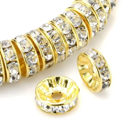 Vista 6 de RUBYCA 100 unidades de cuentas espaciadoras redondas estilo Rondelle en tono dorado de 10 mm, cristal checo AB blanco