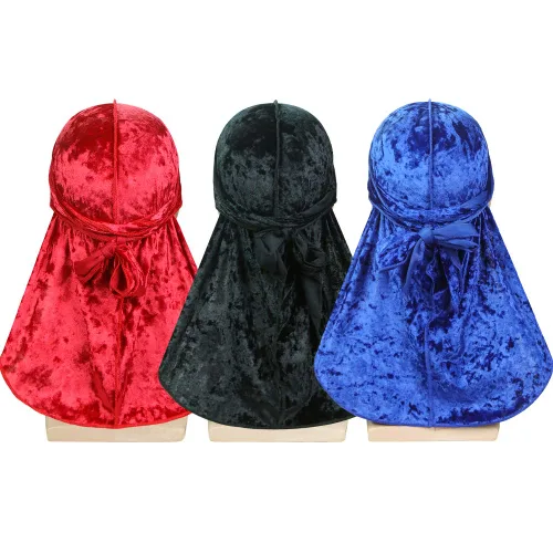 Vista 7 de ASHILISIA 3 piezas de terciopelo triturado ondulado Durag – Envolturas sedosas Durag con cola extra larga perfectas para 360 olas