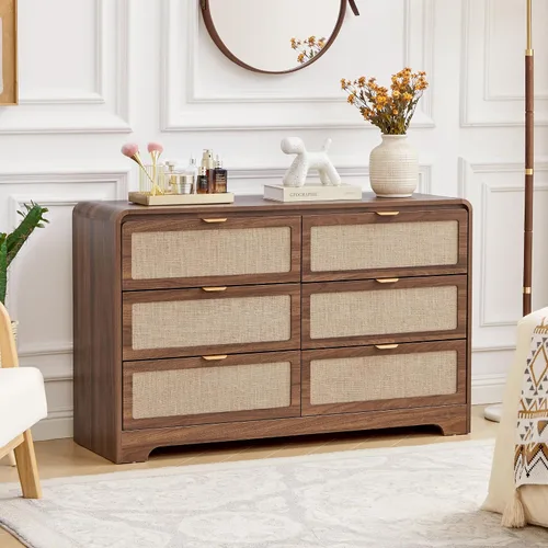 Vista 13 de Cómoda moderna de mediados de siglo para dormitorio con 4 cajones, cómoda de 35 pulgadas de alto con lino natural, cómoda de madera curvada