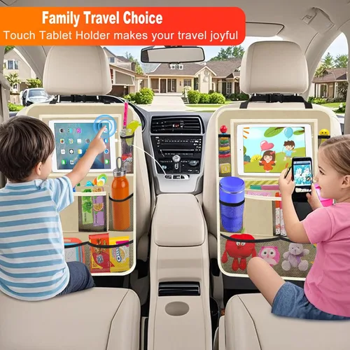 Vista 5 de Organizador de asiento trasero de automóvil, paquete de 2 organizadores de asiento trasero de automóvil con soporte para tableta de 11 pulgadas, 10