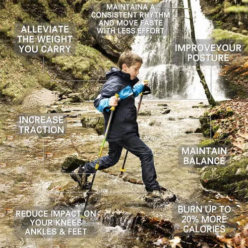 Vista 5 de FitTrek Bastones de senderismo para niños – Bastones nórdicos ultraligeros – Bastones telescópicos de trekking plegables para niños, paquete de 2