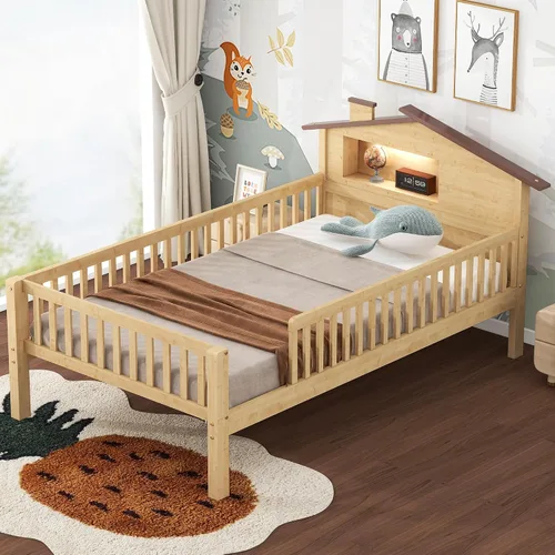 Vista 12 de VilroCaz Cama de plataforma de tamaño individual con barandilla y cabecera multifuncional, base de cama de plataforma de madera con 2 cajones