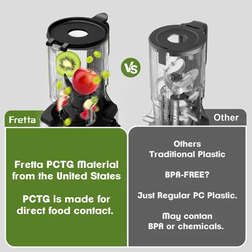Vista 6 de Exprimidores de prensa en frío, máquinas exprimidoras Fretta con material PCTG de los Estados Unidos, se adaptan a frutas y verduras enteras