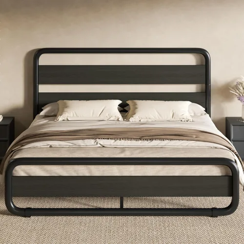 Vista 15 de SHA CERLIN Base de cama de metal de tamaño individual con cabecera y estribo de madera, base de cama de plataforma ovalada resistente