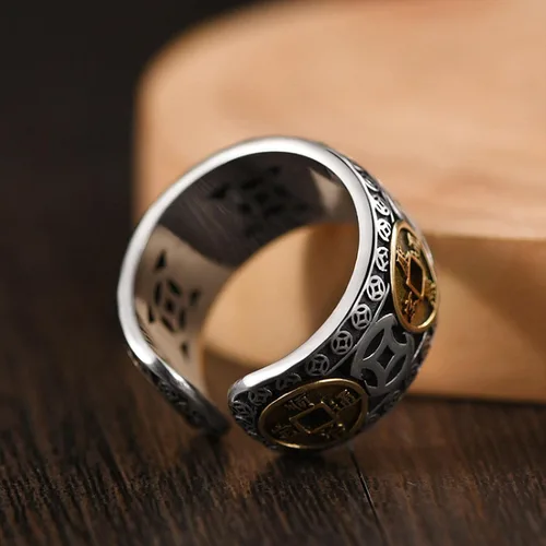 Vista 4 de Anillo de plata 925, anillo chino de la suerte con dinero antiguo, adecuado para joyas ajustables para hombres