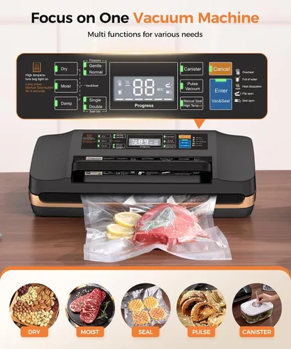 Vista 2 de Máquina selladora al vacío, ahorro de alimentos comercial de alto rendimiento de 95 KPa con doble sello para 2 veces más resistencia, incluye bolsas