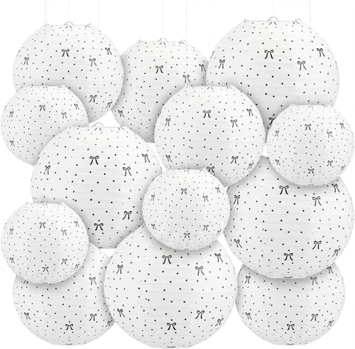 Vista 9 de Treela Paquete de 6 linternas de papel en blanco y negro de 8 pulgadas redondas con patrones de lunares a rayas para regreso a clases, aula, fiesta