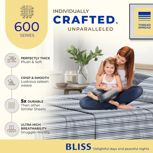Vista 5 de THREAD SPREAD Sábanas de Cama Impresas de Algodón Egipcio 100% - Juego de Sábanas Individuales de 3 Piezas con 600 Hilos, Sábanas de Satén de Lujo