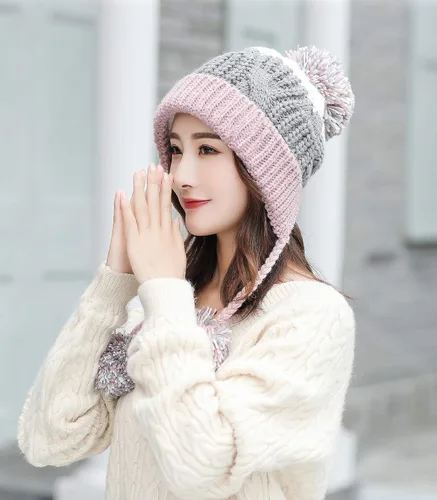 Vista 3 de HUAMULAN - Gorro de invierno para mujer estilo peruano con forro polar, solapas para orejas, doble capa, con pompones